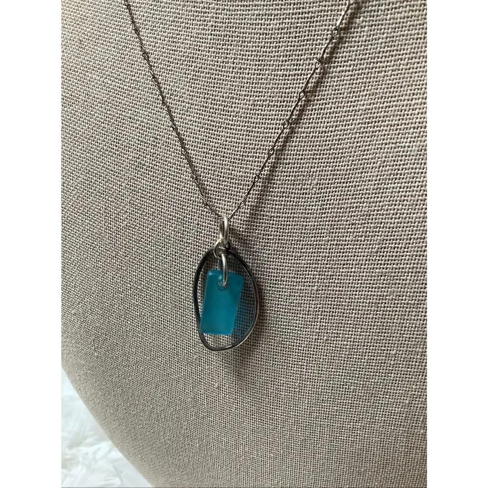 925 Sterling Silver Italian Turquoise Sea Glass Pendant Necklace Coastal E20-18